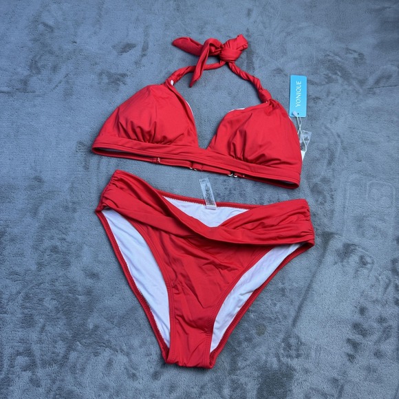 YONIQUE Bikini Swimsuit Womens Small Red High Waisted Two Piece Bathing Suit New - Picture 1 of 10